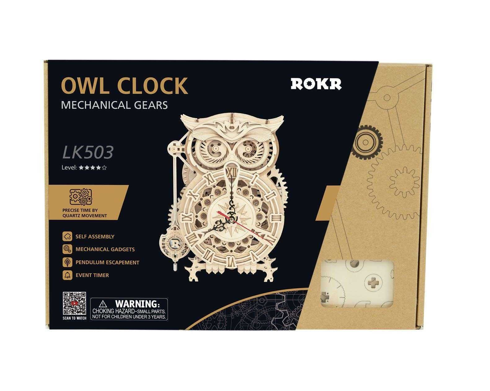 (161-tlg. Set) ROKR 3D Holz Puzzle Mechanische Uhr DIY Modell Bausatz Home Deko Pendeluhr für Erwachsene (LK503) - Eule