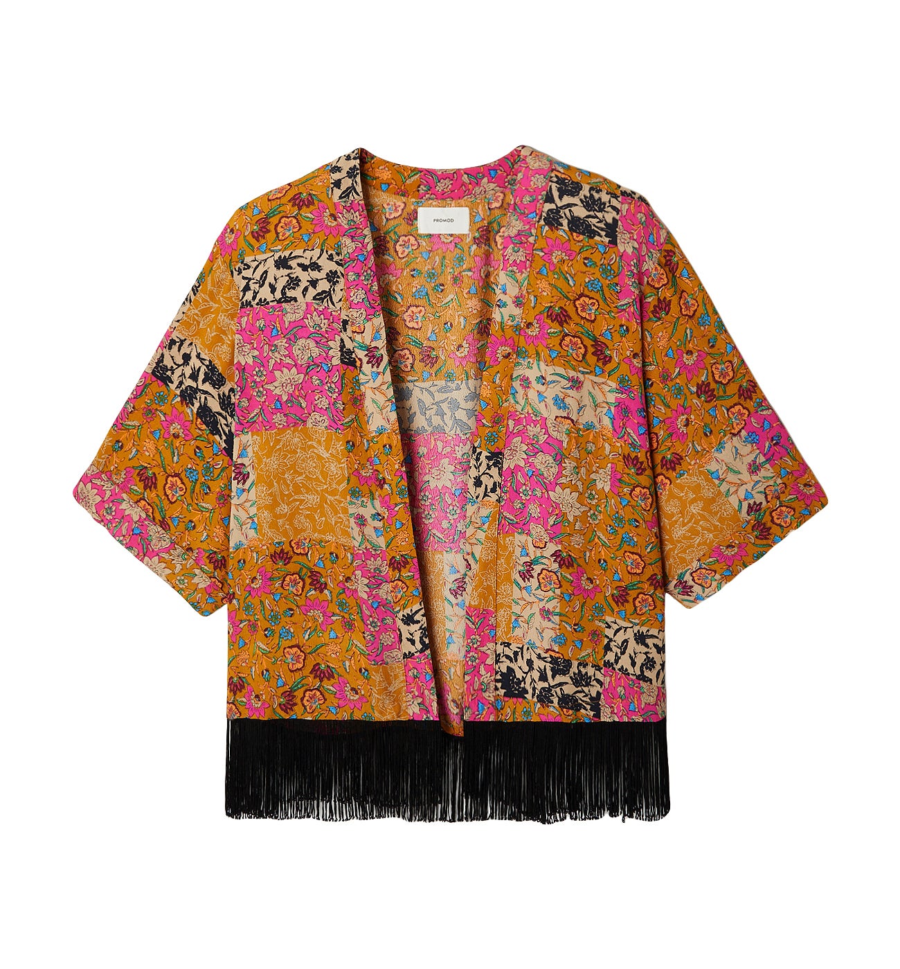 Kimono court à franges - Imprimé multicolore