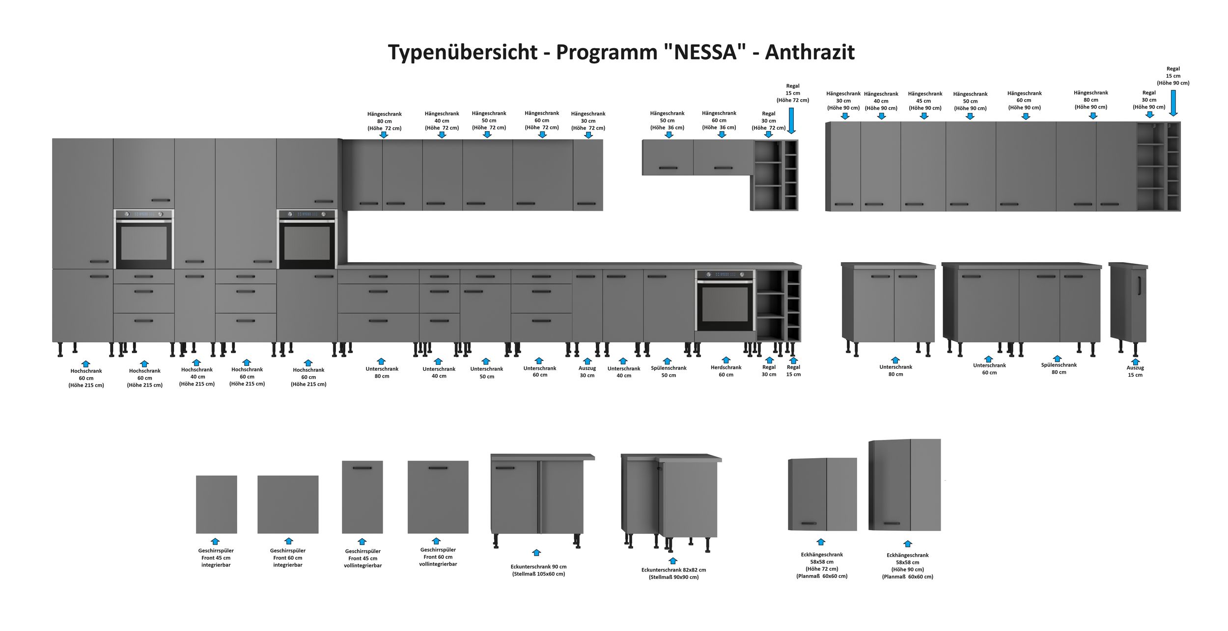 Küche NESSA Hängeschrank 80 cm Anthrazit Küchenzeile Küchenblock Einbauküche