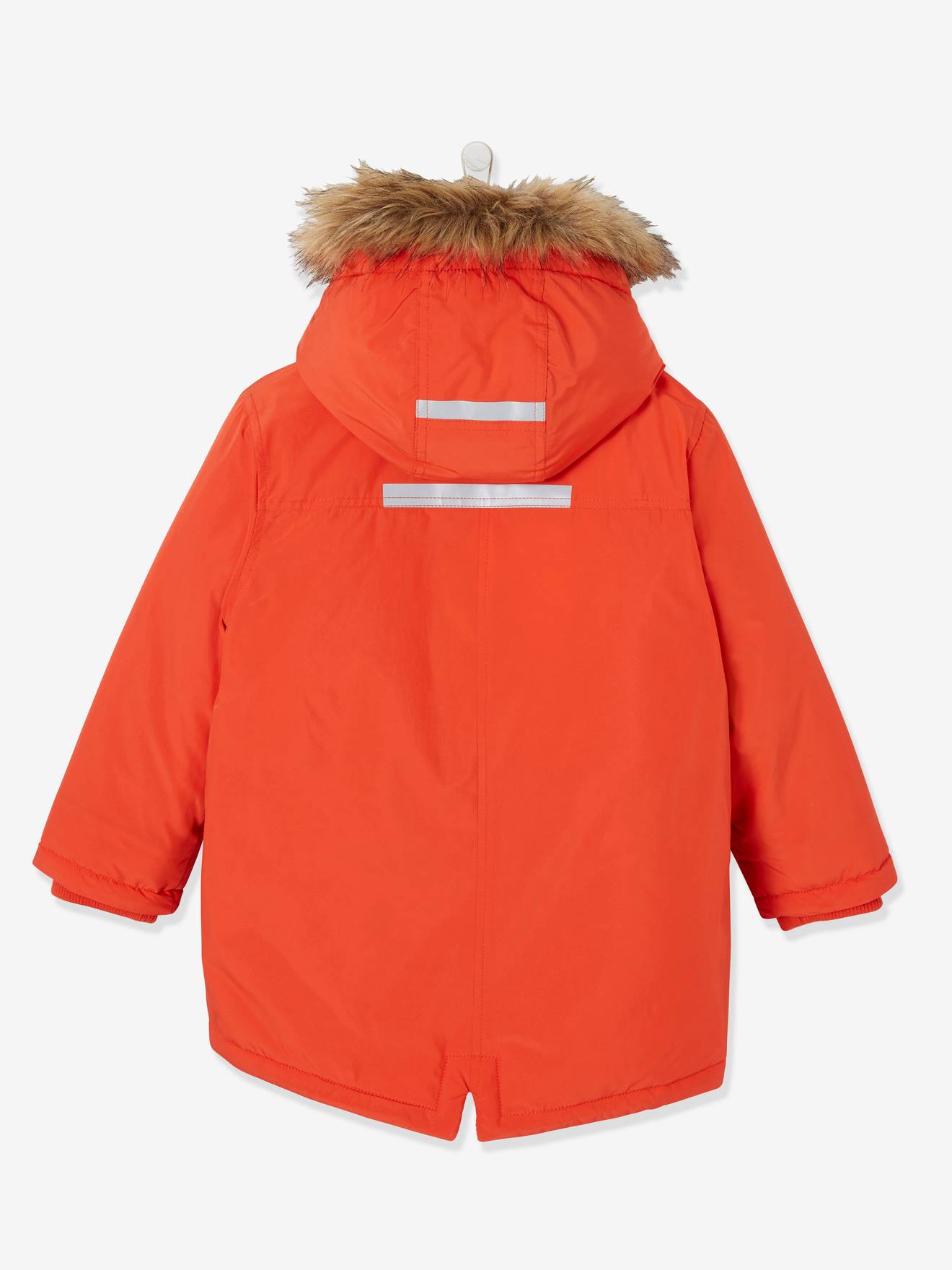 Parka técnica com capuz para meninos, laranja vibrante, lisa com estampa.