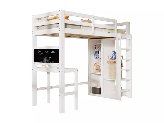 Lit superposé Lit enfant 90x200 cm avec bureau armoire ouverte et étagères blanc