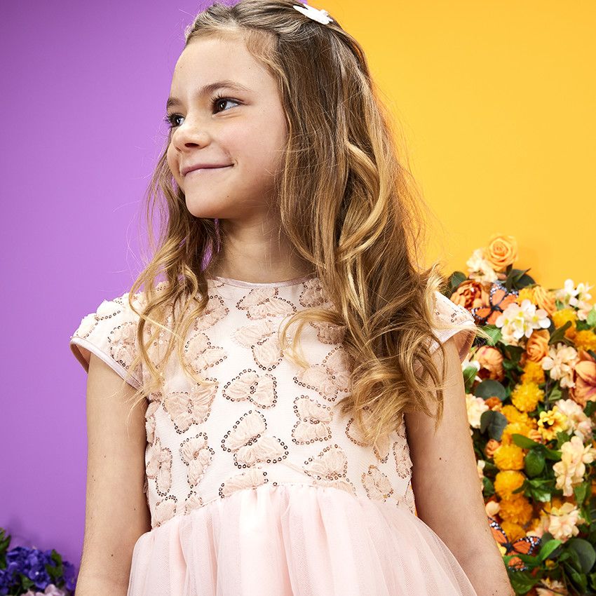 Robe de cérémonie en tulle avec papillons en sequins pour fille - Rose