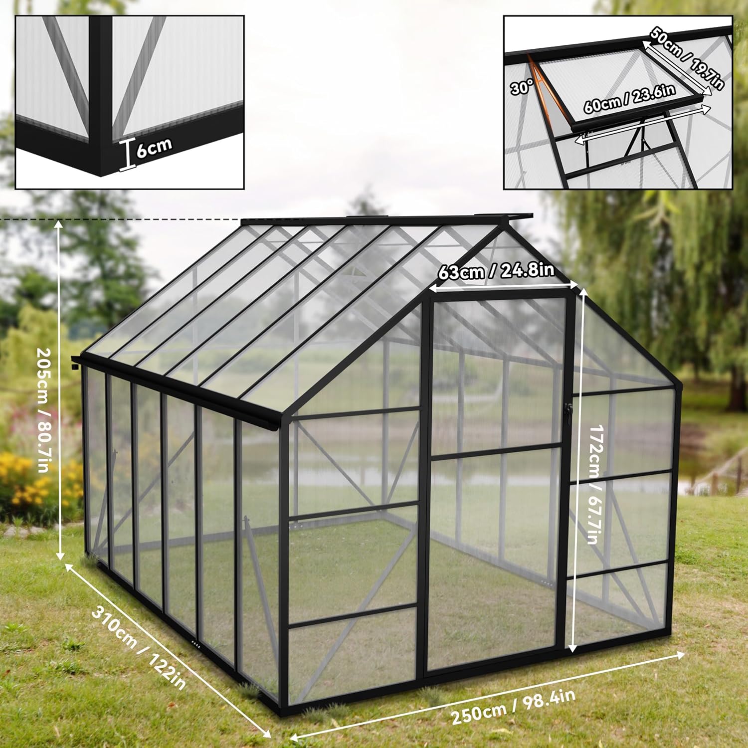 Premium Gewächshaus Aluminium 310x250x205cm 7.75m² Begehbares Garten-Gewächshaus mit verstärktem Fundament & Dachfenster & Tür Wetterfest & temperaturbeständig für Tomaten, Gemüse & Pflanzen