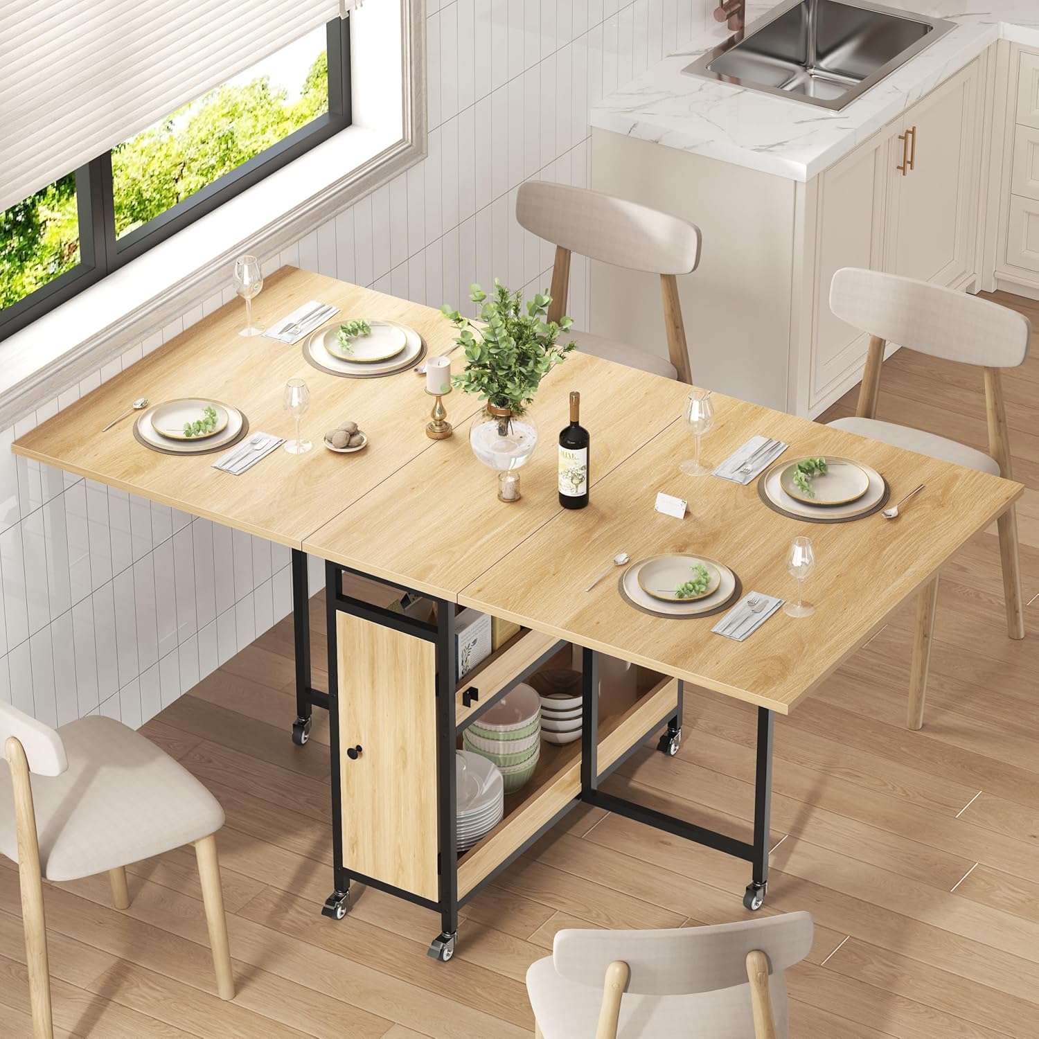 HSH Klappbarer Esstisch Klapptisch Küche Mit Stauraum Küchentisch Klappbar mit 2 Regalen und Rollen Mobiler Tish aus Holz und Metall Platzsparender Für Küche Wohnzimmer Wohnung Eichenoptik 130cm