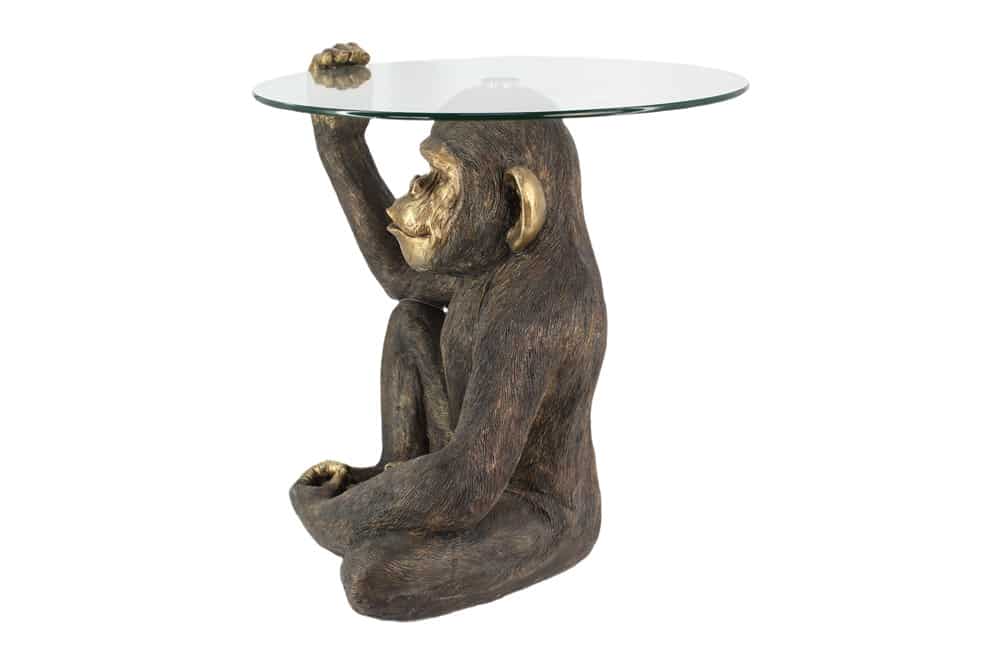 Runder Couchtisch KING APE 65cm schwarz gold Glas Affenfigur handmade