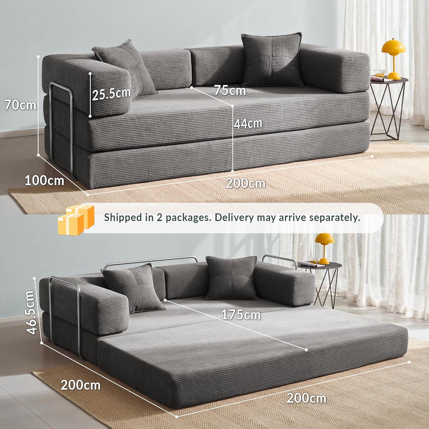 YINIX Faltbares Schlafsofa 200cm Breite XXL Bett, Modulares Bodensofa, Cord Wolkensofa mit Metallrahmen, 3 Sitzer Gästebett Klappbar, rutschfest, Waschbar (Grau, 200cm (3-Sitzer))