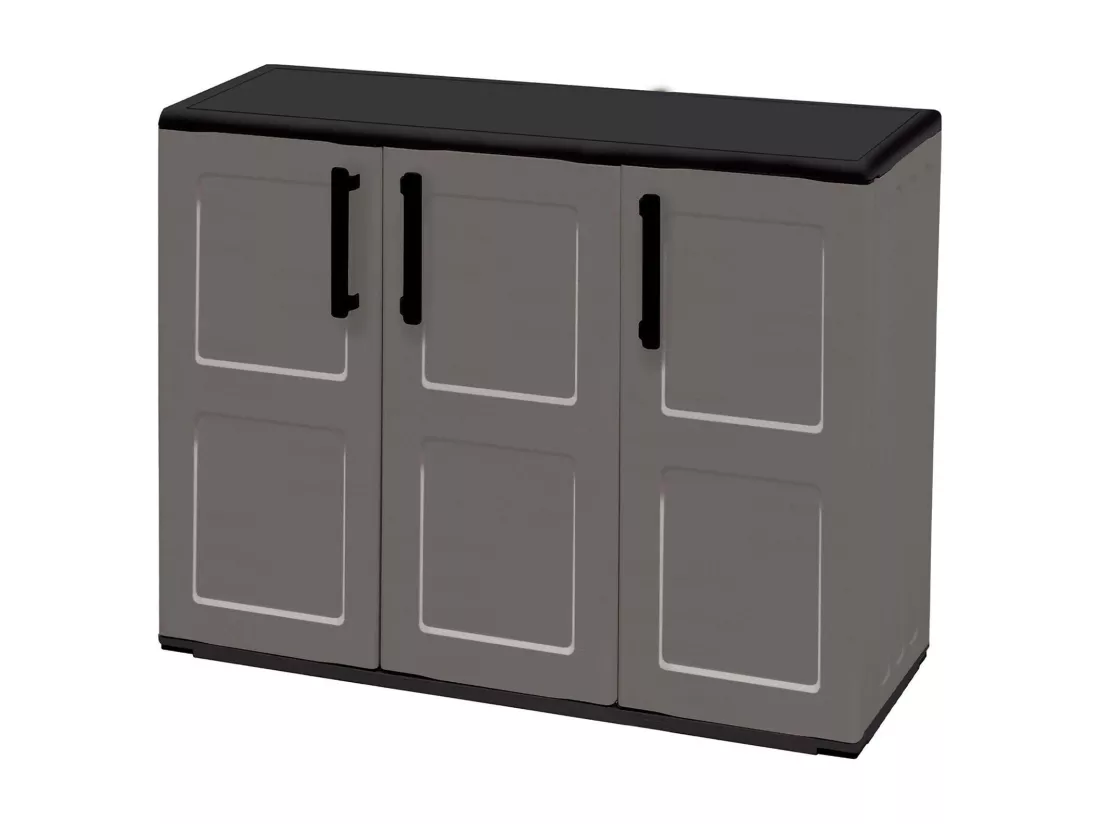 Armoire d'extérieur Gesves, Armoire de balcon polyvalente, Armoire d'extérieur 3 portes, 100% Made in Italy, 102x37h84 cm, Gris et Noir, Finition à carreaux