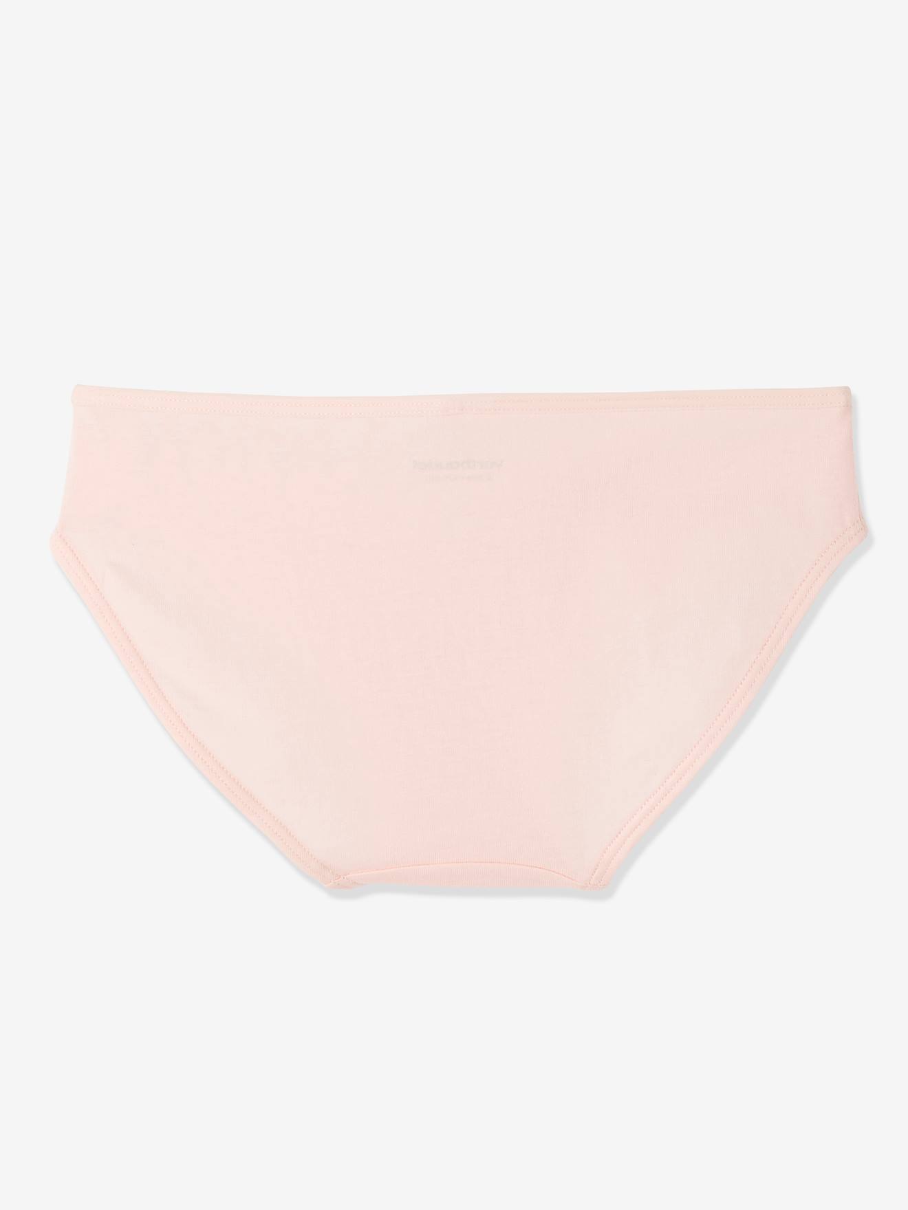 Conjunto de 3 calcinhas com estampas de gatos e unicórnios, para meninas, rosa claro liso com detalhes.