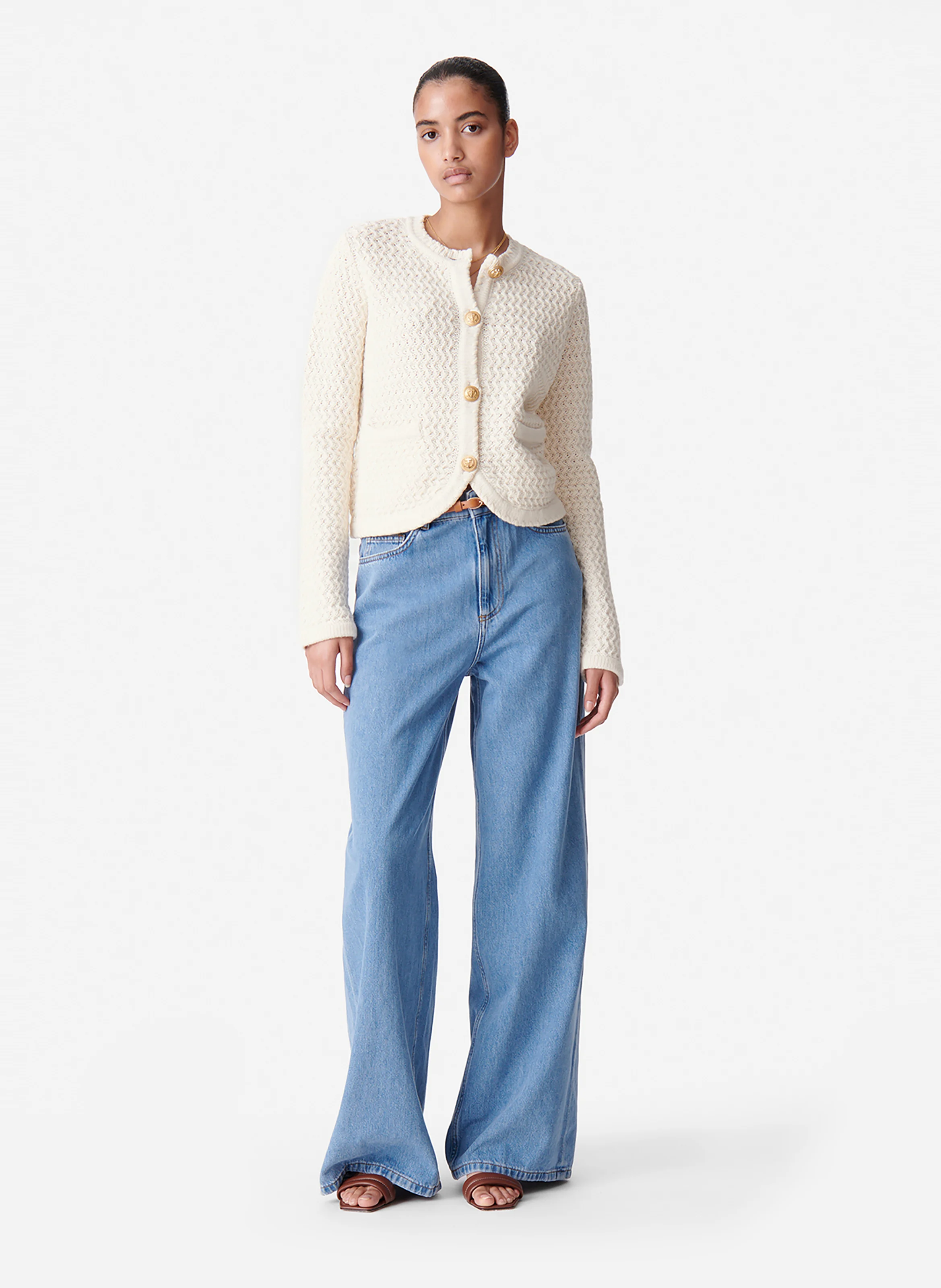 DORINA - Cardigan droit en laine et coton mélangé | Blanc