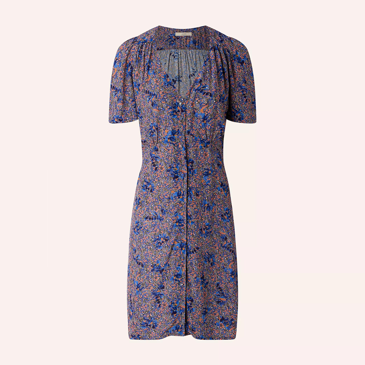 SESSUN<br>Vestido curto com fecho de botão, decote em V e estampa CLAUDIA