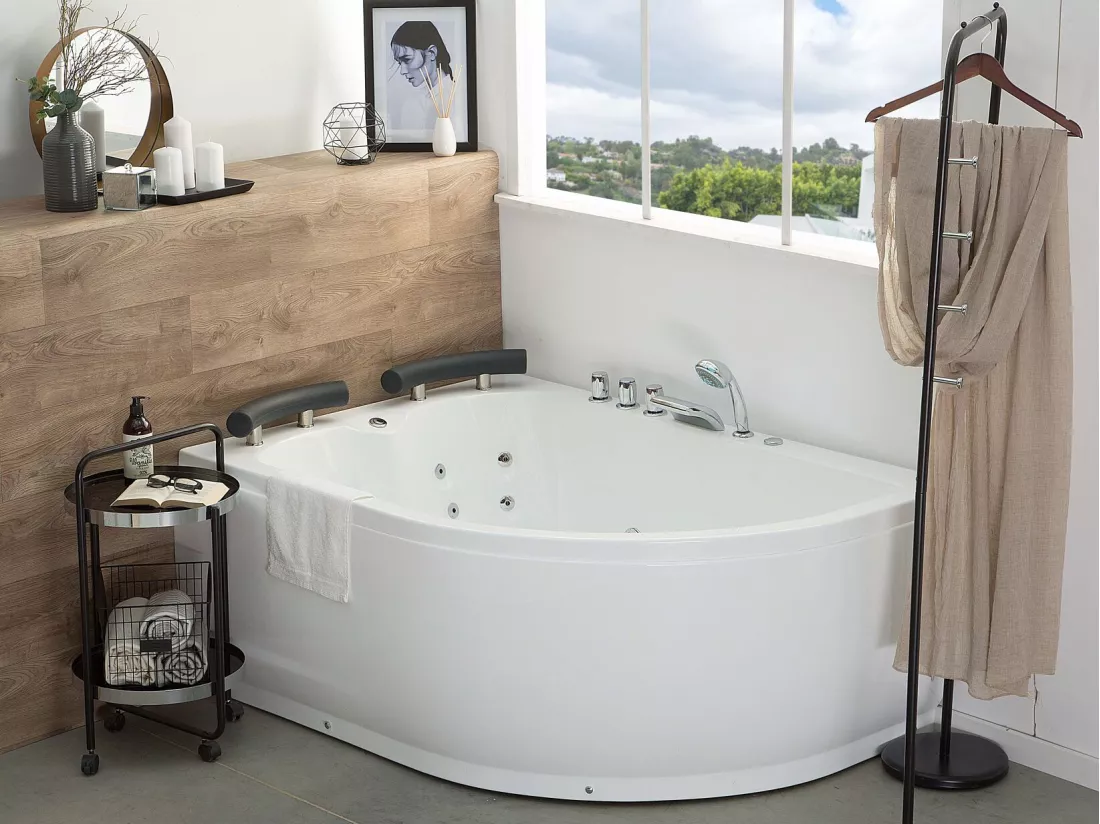 Baignoire angle droit blanche 158 x 113 cm avec LED PARADISO