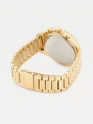 Relógio multifuncional banhado a ouro com pulseira de elos