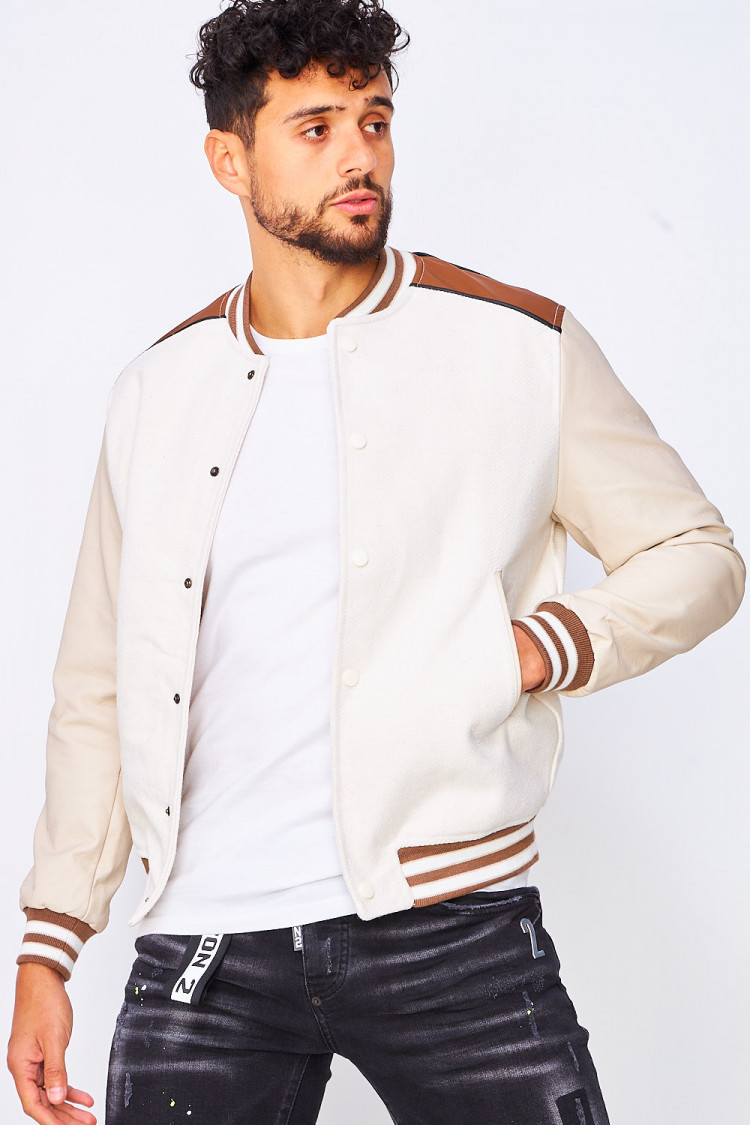 Bomber beige/marron manches simili cuir