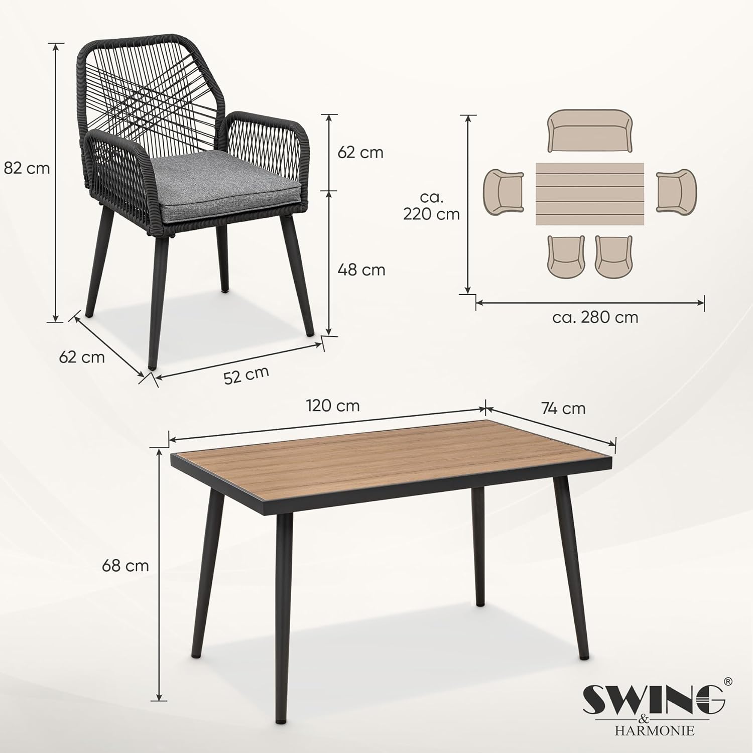 Swing&Harmonie® Gartenmöbel Lounge-Set „Sienna“ – Sitzgruppe mit Tisch, Sofa, Sesseln & Stühlen – wetterfest – Seilgeflecht – WPC-Tischplatte – Outdoor Essgruppe (anthrazit/Holz, 6 Personen)