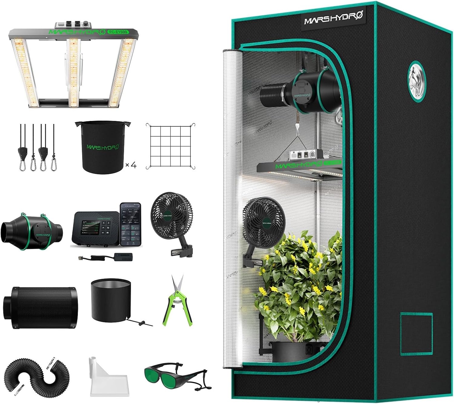 MARS HYDRO Smart Growzelt Komplettset mit Smart Controller43,FC-E1500 App Fernbedienung Dimmbar Light,80X80X160cm 1680D Grow Box Komplettset,4
