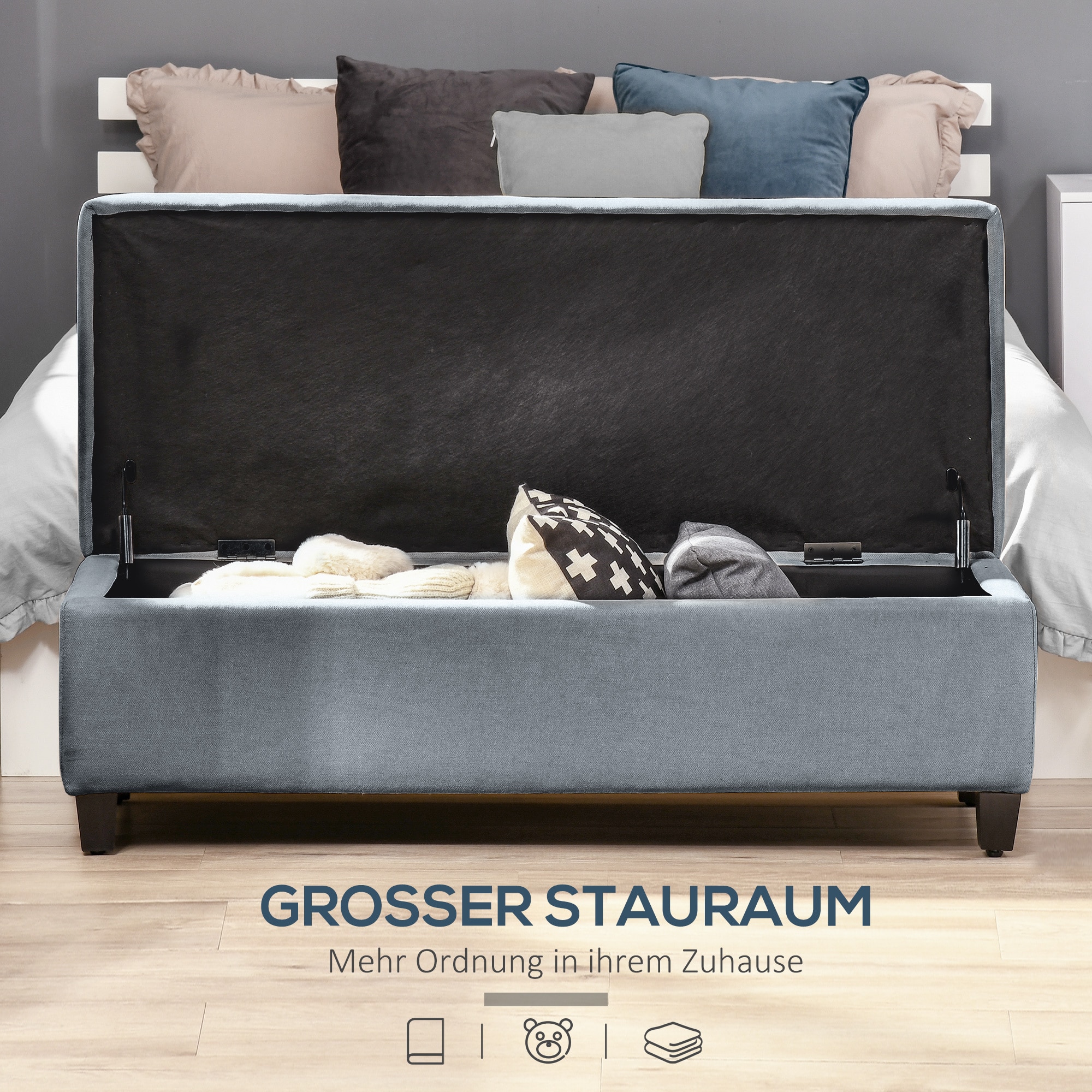 HOMCOM Sitzbank mit Stauraum und Sitzpolster grau 125L x 49B x 41,5H cm
