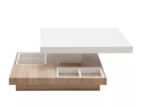 Table basse - Plateau pivotant - MDF laqué blanc et chêne - FAUSTO II