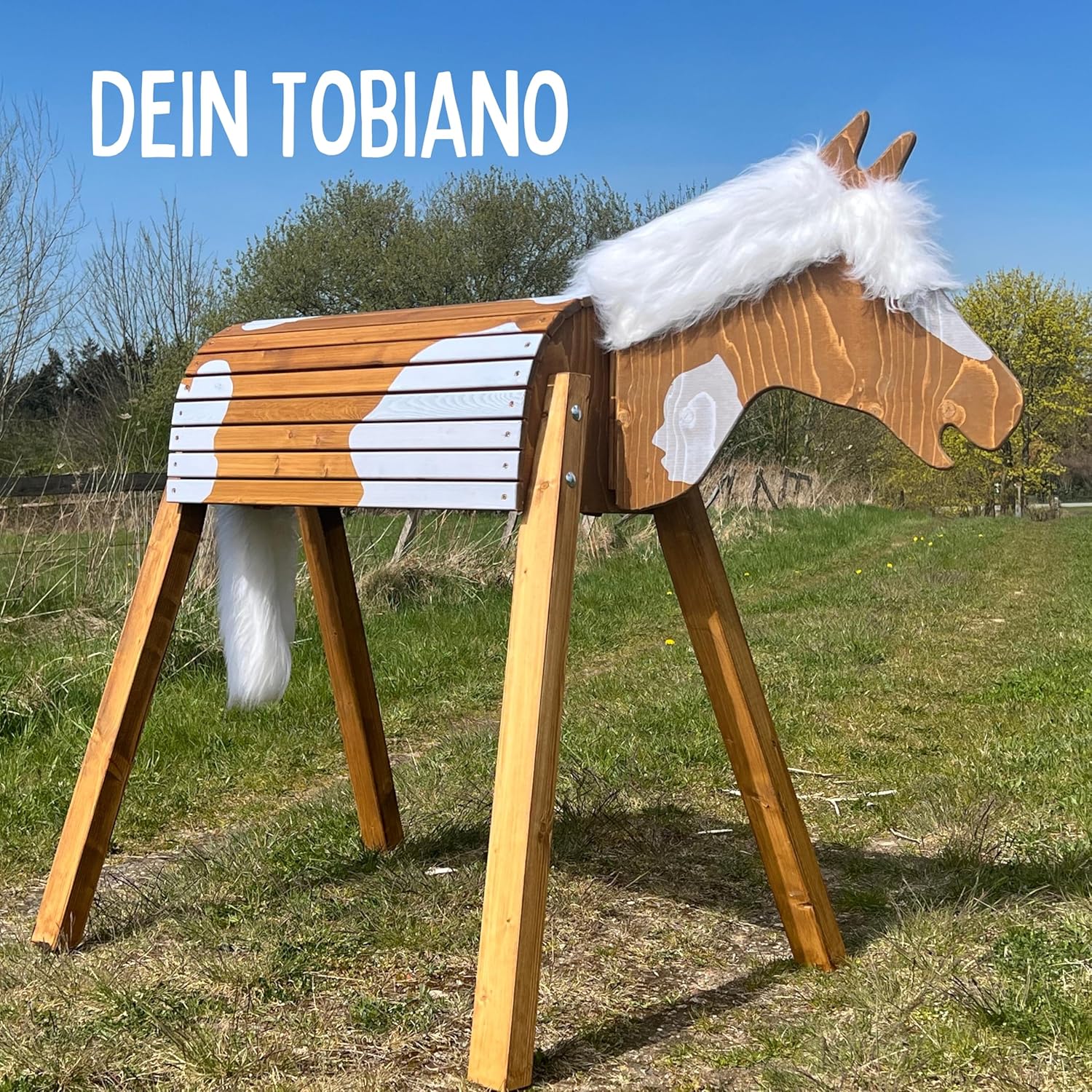 Holzpferd Tobiano 100cm für draußen Reitpferd Garten Voltigierbock für Kinder, Stehpferd groß, Gartenpferd handgefertigt aus Deutschland, Voltigierpferd Holzpony mit Mähne