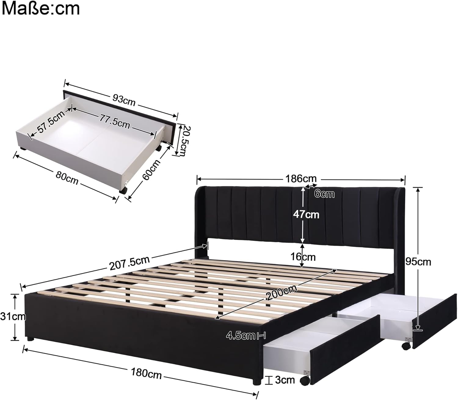 HESHU Polsterbett 180 x 200 cm mit 2 Schublade, Samt Doppelbett mit Stauraum, Bett mit Lattenrost, Kopfteil Rückenlehne, Modernes Bettgestell, Schwarz, ohne Matratze