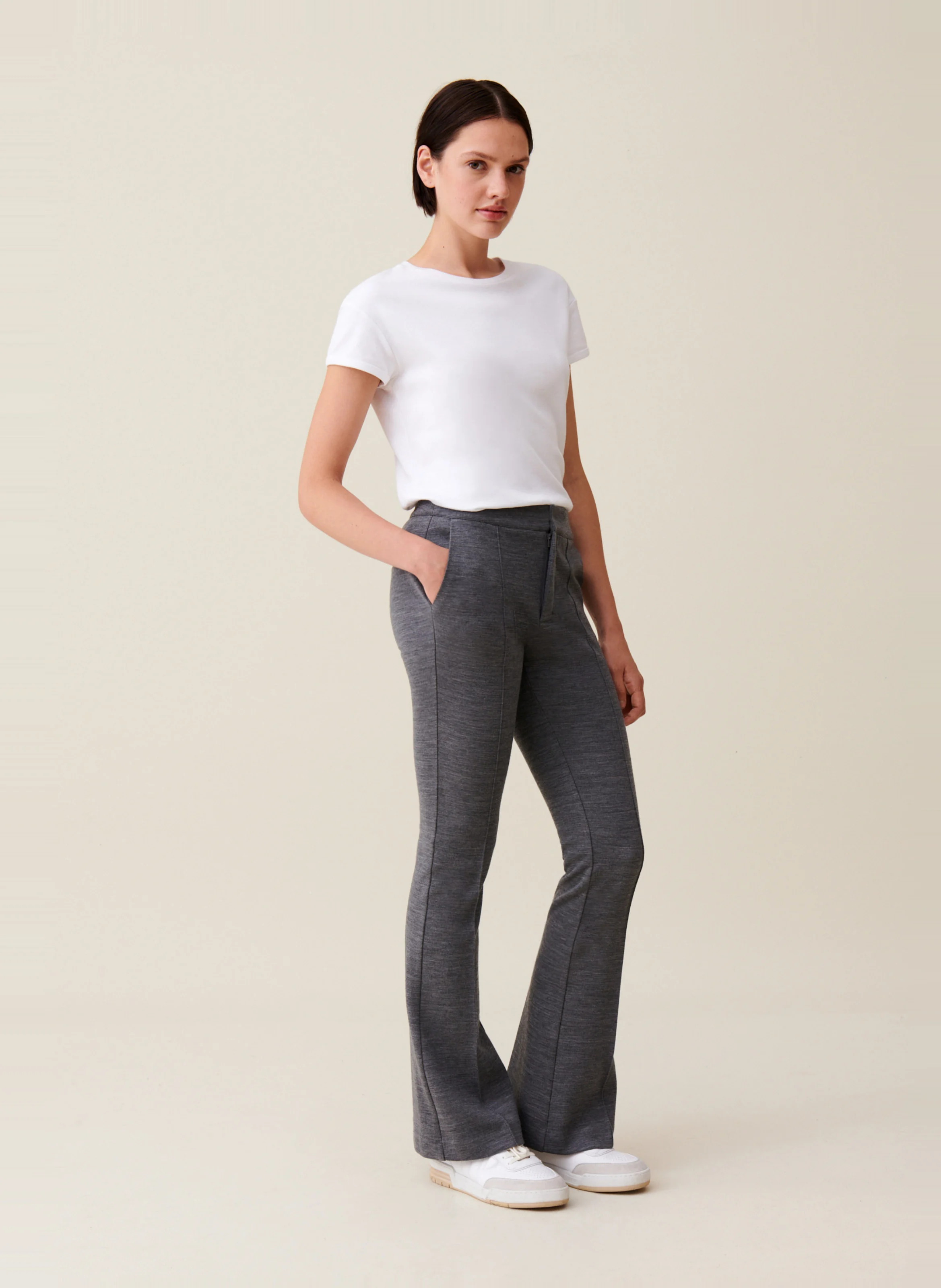 Pantalon flare en coton et laine | Gris