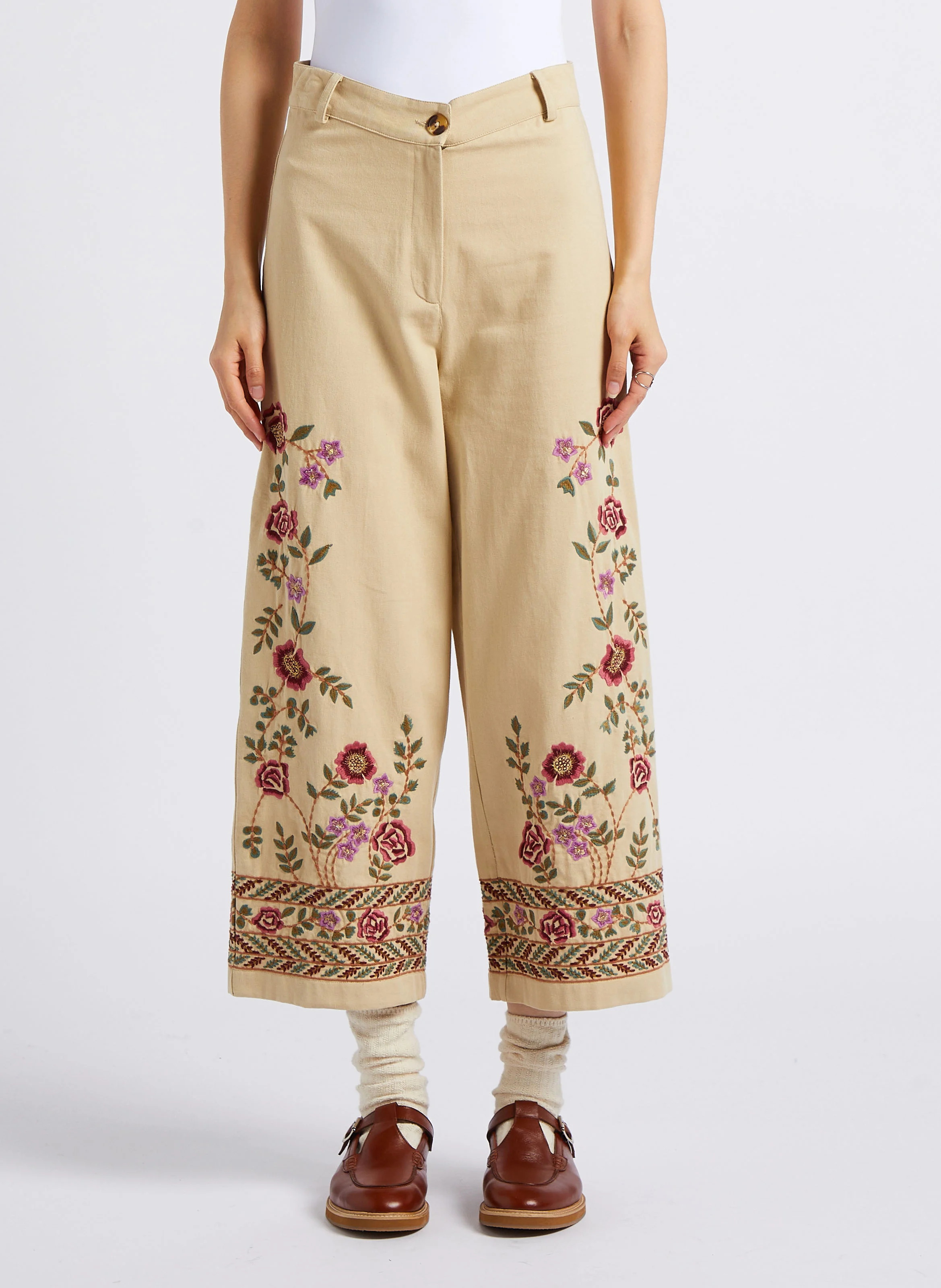 NOVINA - Pantalon large taille haute brodé en coton bio | Marron