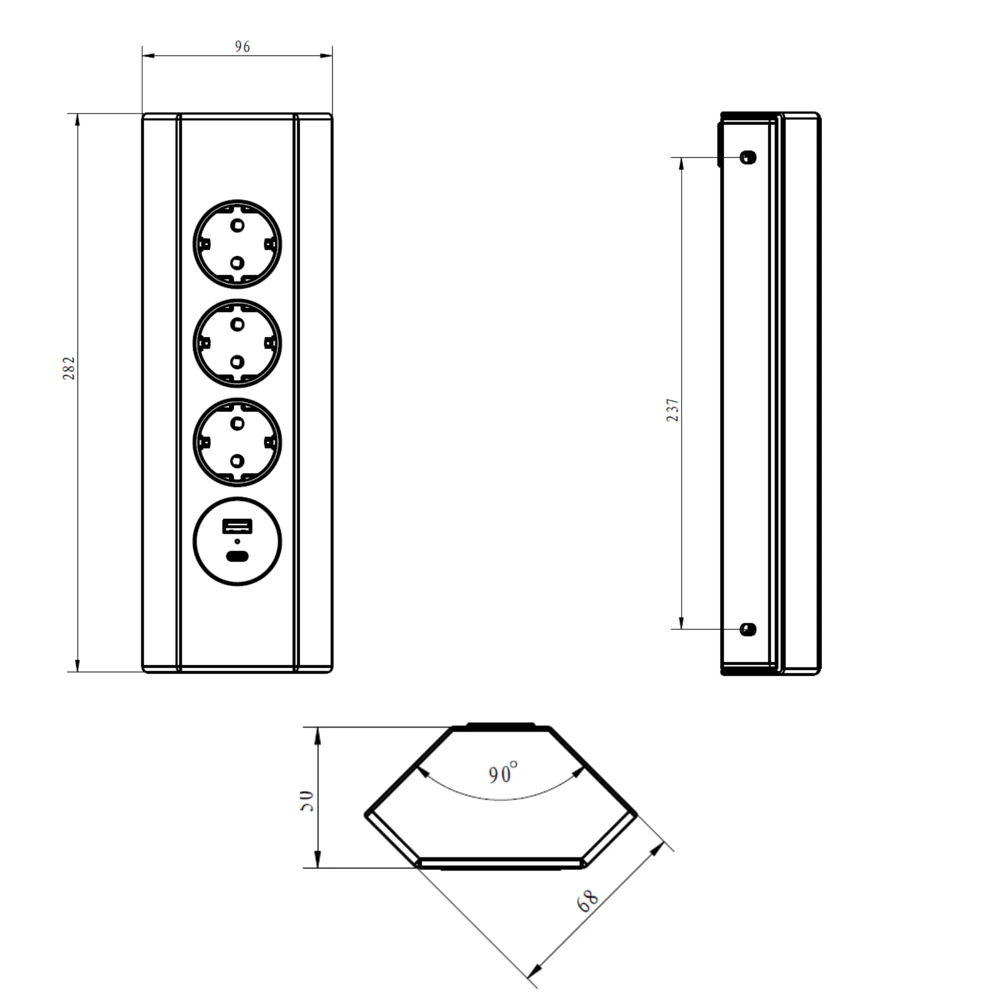 kalb | Edelstahl Ecksteckdose 4-fach Steckdosenleiste, 3x 230VAC, 2x USB Anschluss,2 m Anschlusskabel mit EU-Stecker, silber/schwarz