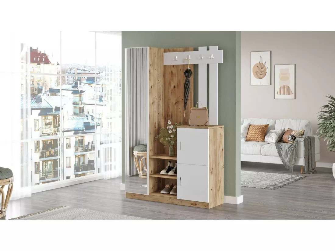 Meuble d'entrée Australis, Crochet d'entrée, Composition pour l'atrium, Console de rangement multifonction, 114x38h180 cm, Chêne et Blanc