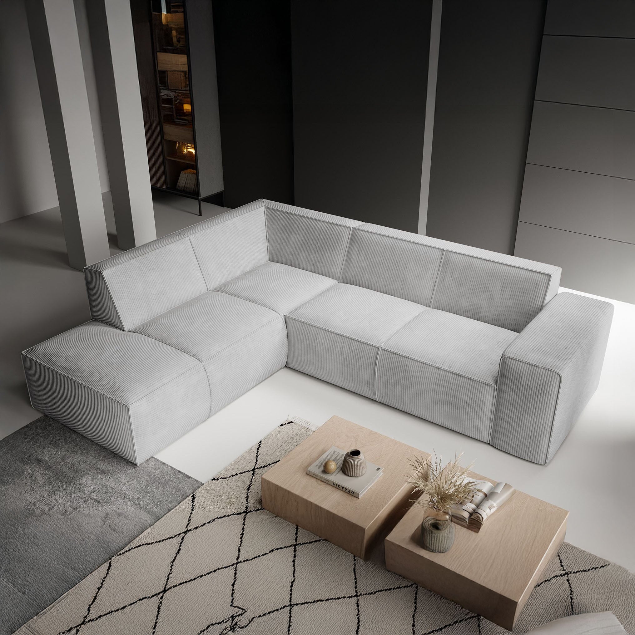 Monet - Hoekbank 4-zits met chaise longue - Ribstof grijs - Links