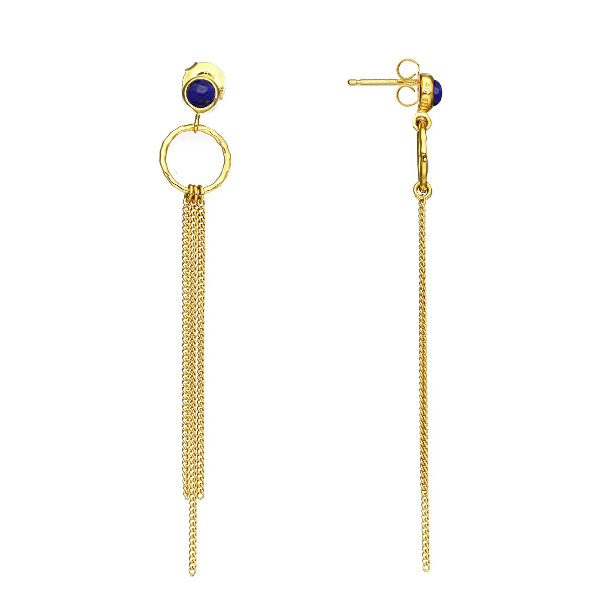 Boucles D'oreilles Argent Dorée Chaines Pendantes Et Pierre Lapis