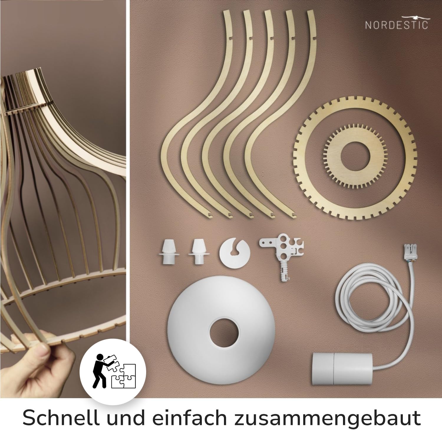 Pendelleuchte Holz „Iduna, skandinavische Hängelampe Esstisch + Wohnzimmer, Boho Hängeleuchte höhenverstellbar + dimmbar mit E27 Fassung (Höhe x Durchmesser 30 cm x 35 cm)