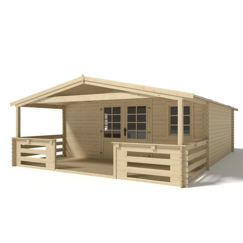 Abri de jardin en bois - 5x5 m - 35 m2 + terrasse avec balustrade et avant-toit en bois