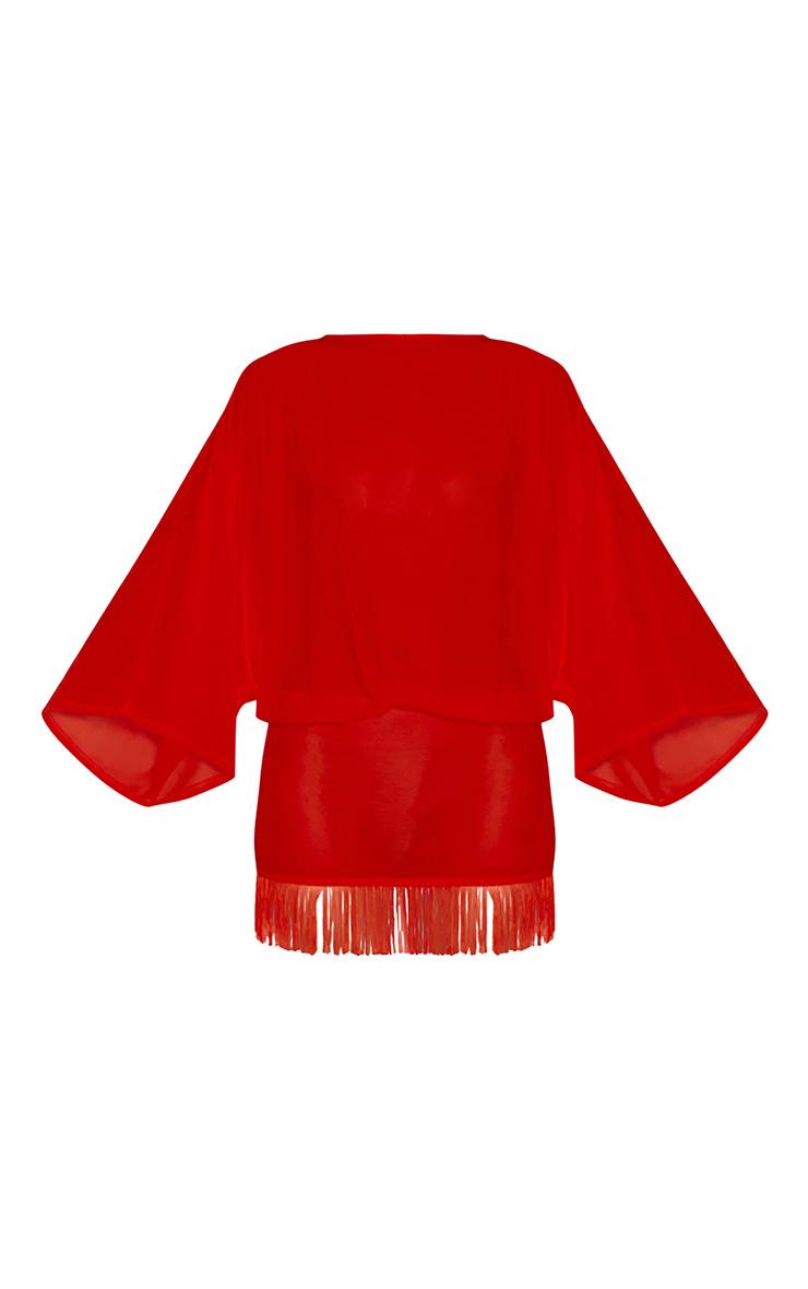 Rouge Robe Courte À Manches Longues En Jersey Texturé Avec Ourlet À Franges