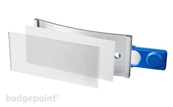 Navneskilt Badgepoint® 70x30 mm, Polar® Medarbejderskiltesæt, skilte med rustfri stålramme, akrylglas og printbare indstik - 10 skilte inkl. 36 indst