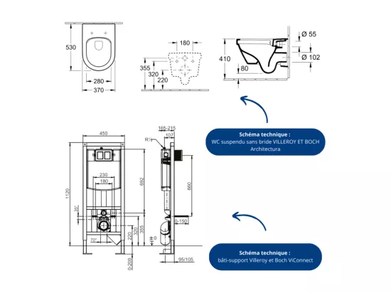 Pack WC suspendu sans bride VILLEROY ET BOCH Architectura 37 x 53 + abattant + plaque blanche + bâti