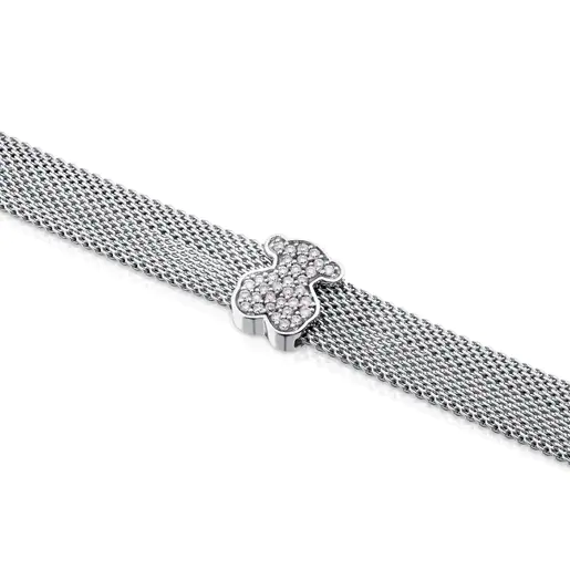 Pulseira em aço e ouro branco com motivo de urso cravejado de diamantes, 0,8 cm, 0,20 ct. Icon Mesh.