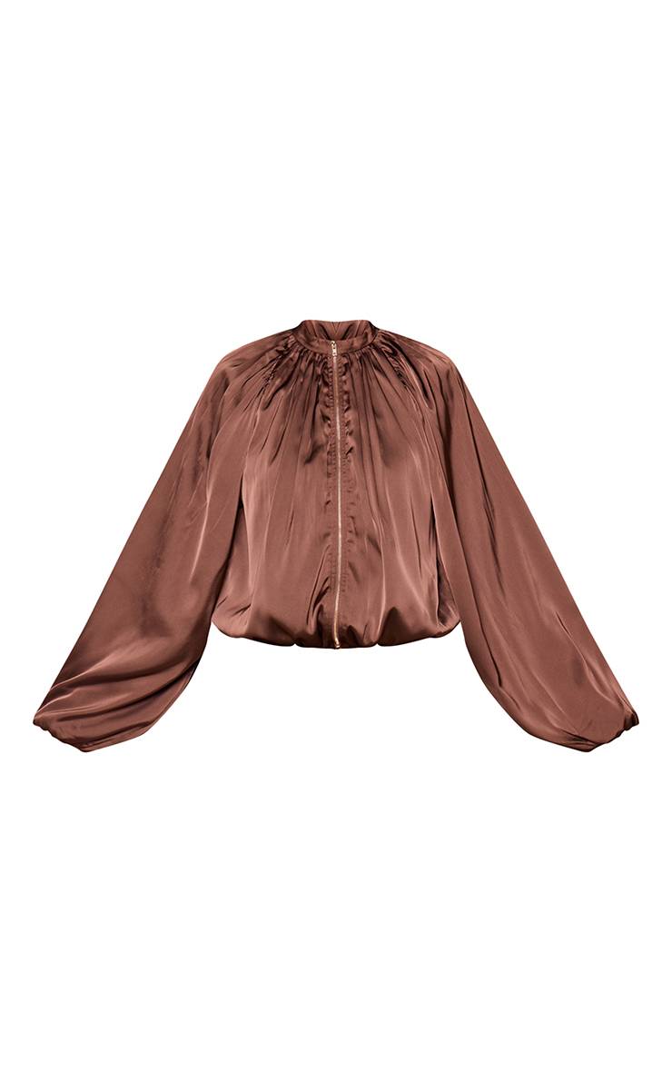 Marron Veste Bomber Plissée En Satin