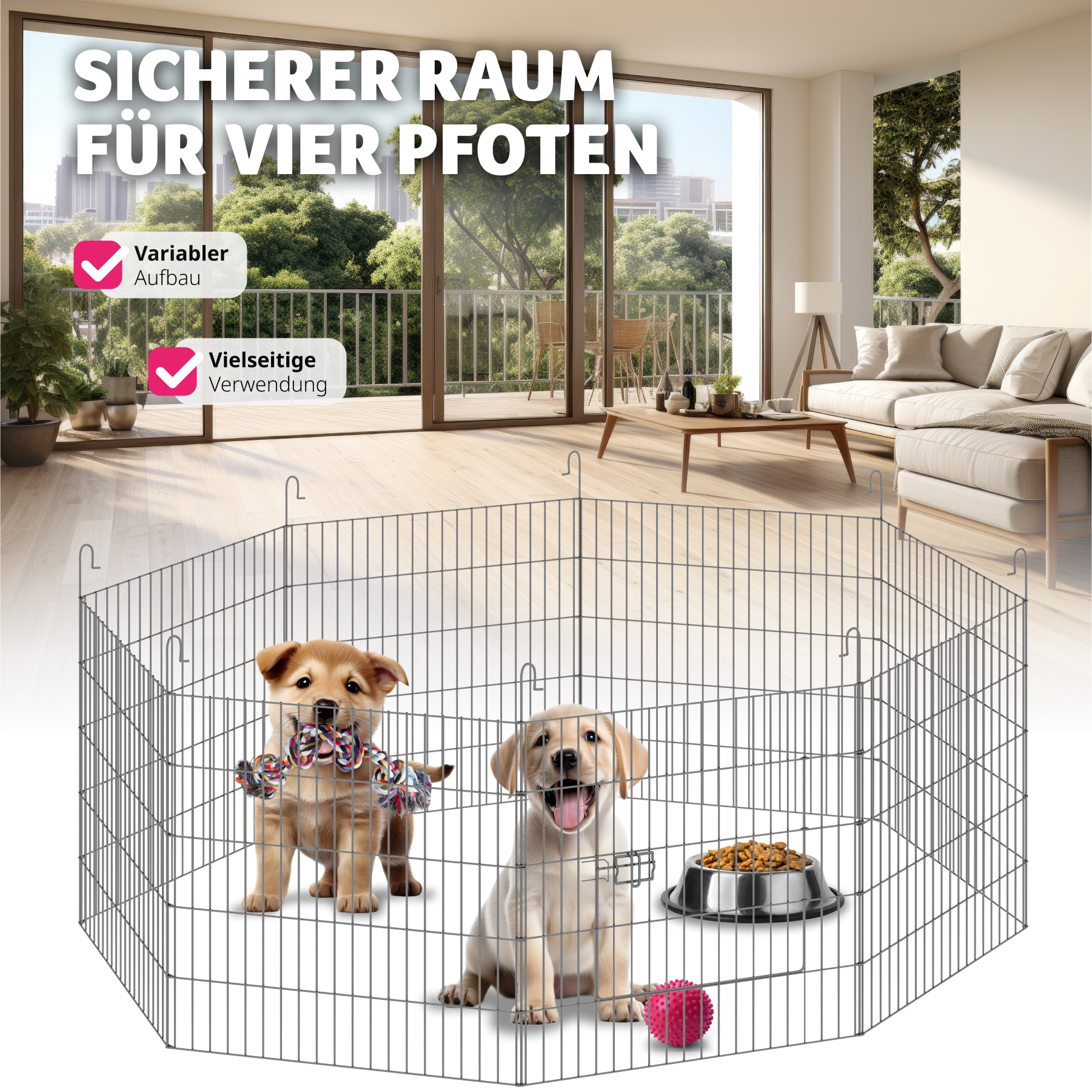 tectake® Freilaufgehege, aus 8 Gitterelementen, große Tür mit Verriegelung, 145 x 73 cm