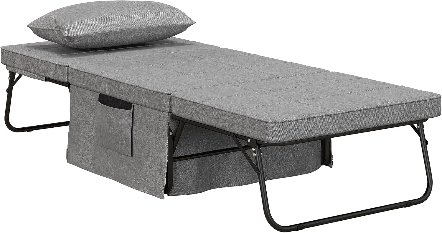 HOMCOM 4-in-1 Klappbett 75x190 cm, Erwachsene Gästebett Klappbar mit 8 cm Dicker Schaumstoff, Reisebett mit Metallrahmen, 5-stufig höhenverstellbares Einzelbett mit Kissen, bis 150 kg belastbar