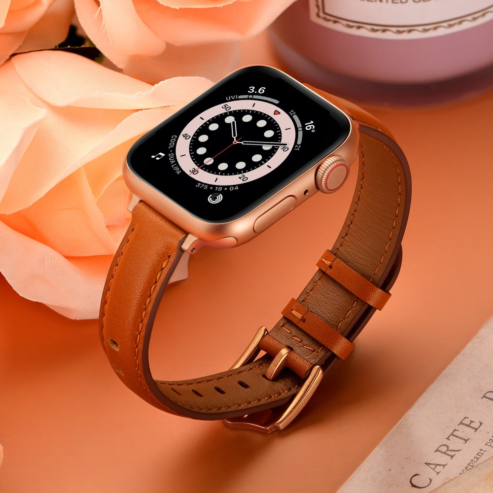 Apple Watch (42/41/40/38 mm) Echtleder Ersatz Armband mit Dornschliesse (Gelenkumfang 156-221 mm) - Braun / Roségold