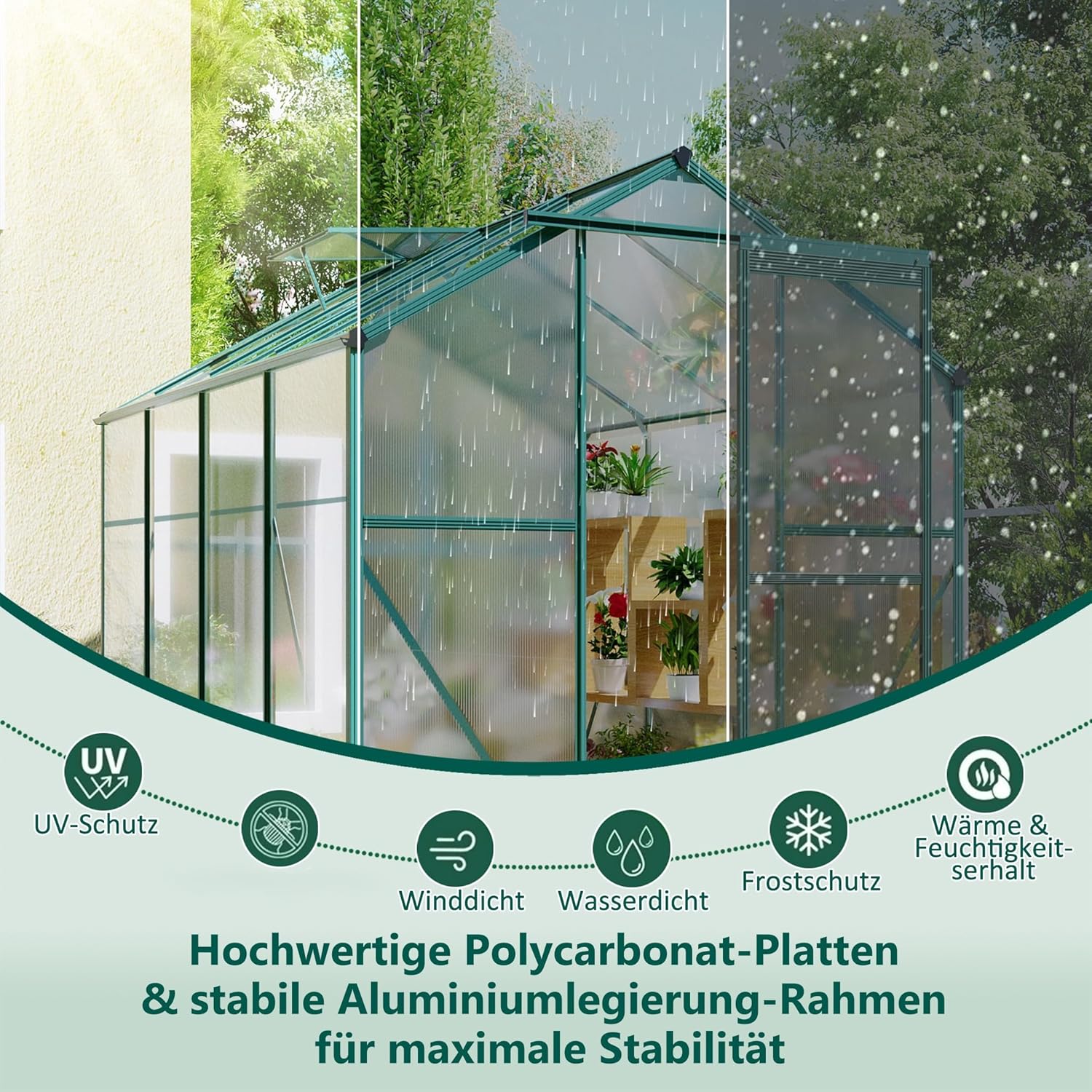 Gewächshaus Aluminium mit Fundament, Treibhaus mit Dachfenster und Tür, Frühbeet für Garten Terrasse, Tomatenhaus Pflanzenhaus für Aufzucht Pflanzen, Gartenhaus, 253x200x190 cm, Grün