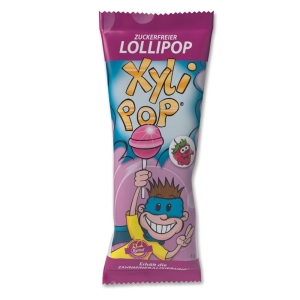 Miradent Xylipop Lollipop Erdbeere Bonbonière, 25 Stück