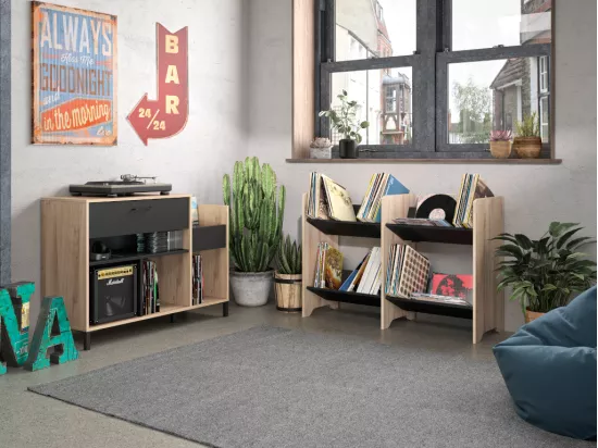 Meuble vinyles JAZZY - Avec rangements - Coloris : chêne et noir