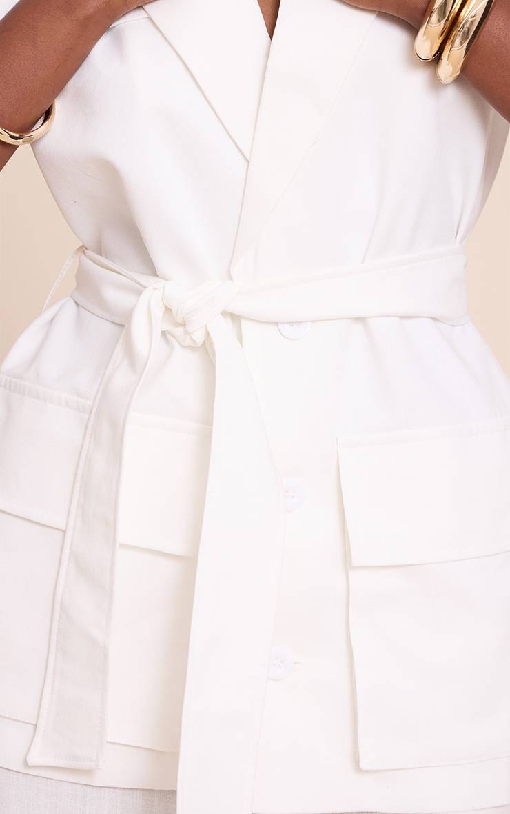 Crème Gilet Utilitaire Aspect Lin Avec Ceinture À Nouer À La Taille