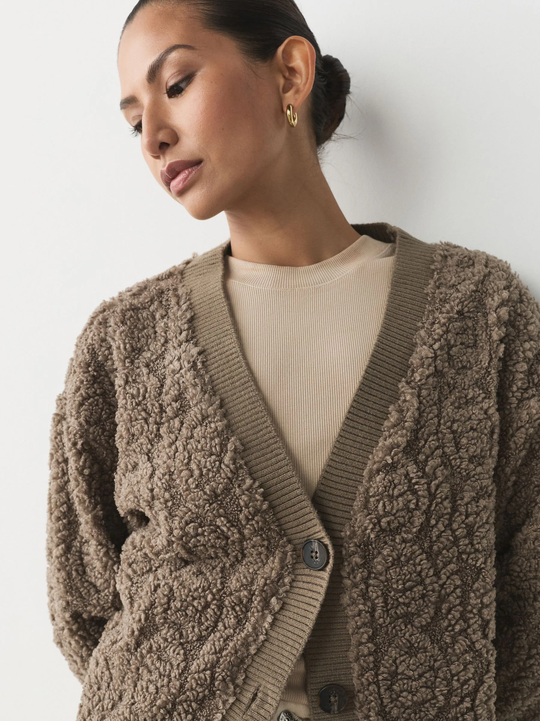 Chocolate Mocha Brown - Fluffy Borg Cable Button Through Cardigan Fleece