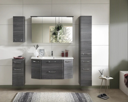 Pelipal Quickset 328 badkamermeubelset (B x H x D 175 x 200 x 39 cm), grafiet getextureerde fronten, met mineraal gegoten wastafel, hoge kast, onderkast en bovenkast (328.120005)
