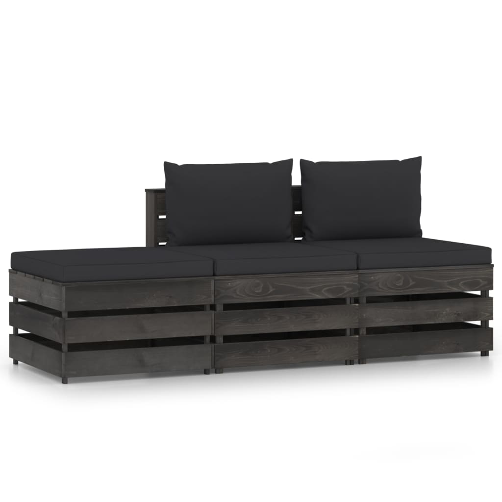 Salon de jardin meuble d'extérieur ensemble de mobilier 3 pièces avec coussins bois imprégné de gris