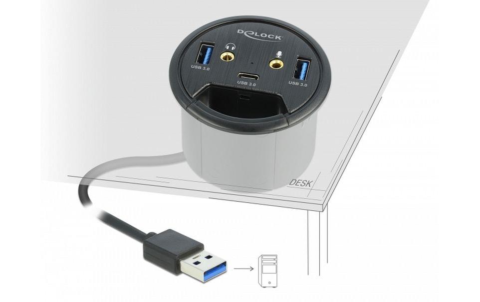 Tisch-Hub USB 3.0 Typ A/C + HD AudioUSB-/Audio-Hub für Tischplattenmontage: 3x USB und 2x HD-Audio