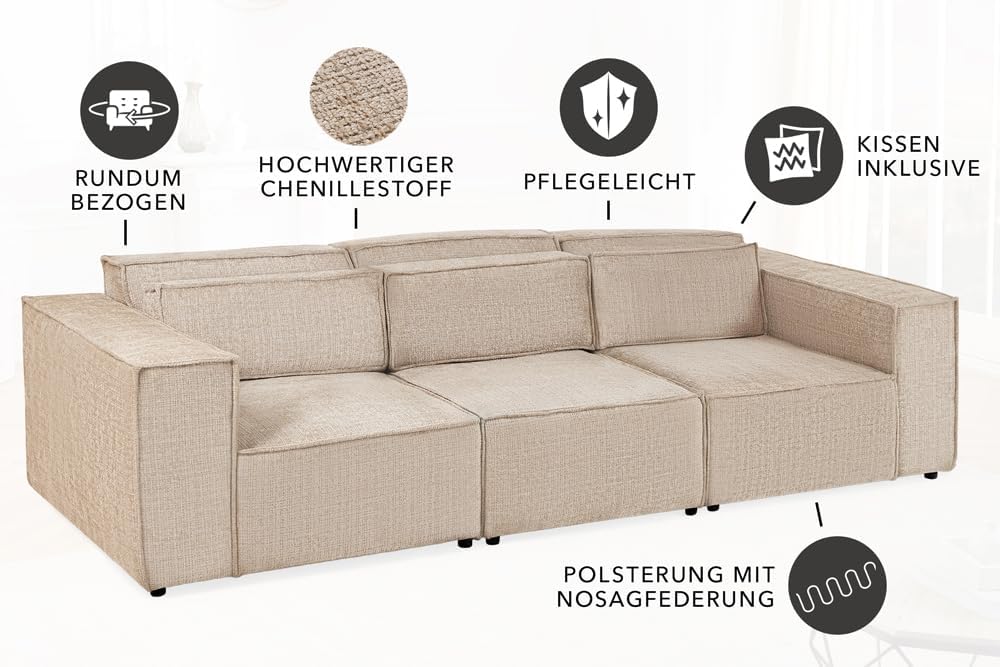 Riess Ambiente Design 3-Sitzer Sofa Bossa NOVA - 260cm - Greige Chenille XXL-Couch Sofa Wohnzimmercouch