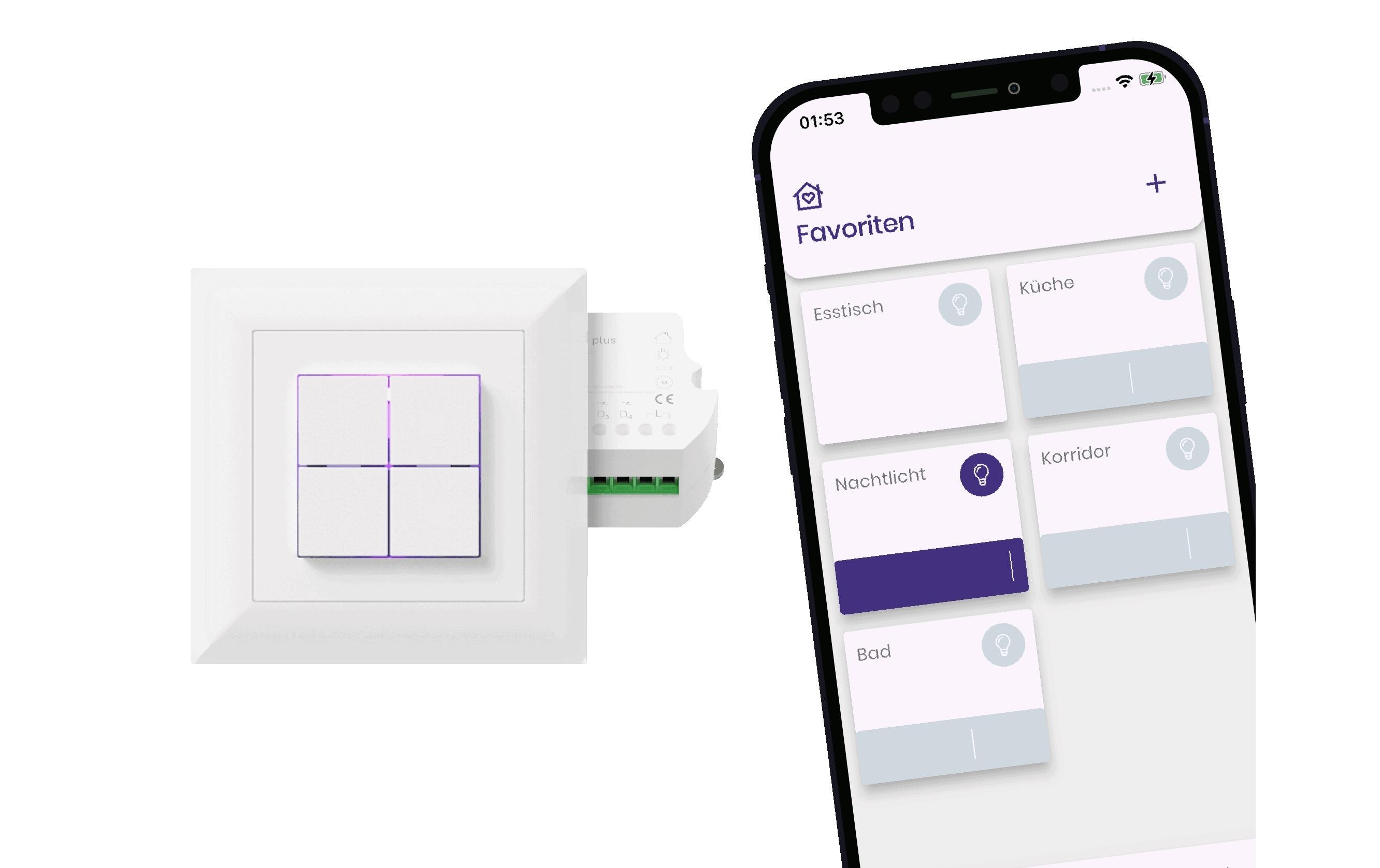 Smart Home zigfred plus Komplett-Set Weiss Unterputz<br>Smart Home Unterputz-Schalter mit Bluetooth und Zigbee Konnektivität