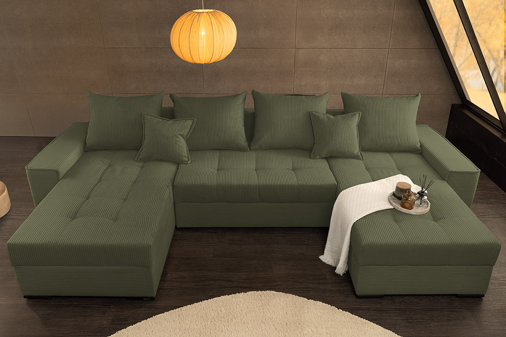XXL Wohnlandschaft LODGE 315cm grün Cord Sofa mit Schlaffunktion und Stauraum